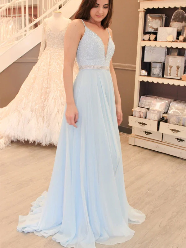 V Neck Beaded Baby Blue Long Prom Dresses, Open Back Beaded Baby Blue Formal Evening Dresses SP2341