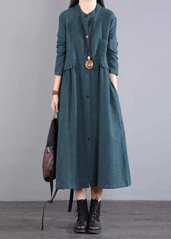 Boutique Green Stand Collar Button Patchwork Cotton Dress Fall