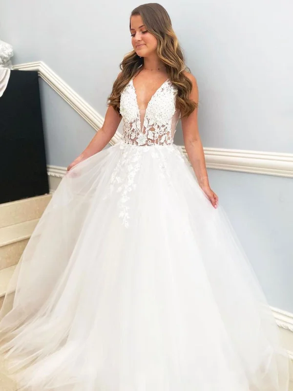 Deep V Neck White Lace Floral Long Prom Dresses, White Lace Wedding Dresses, White Formal Evening Dresses SP2109