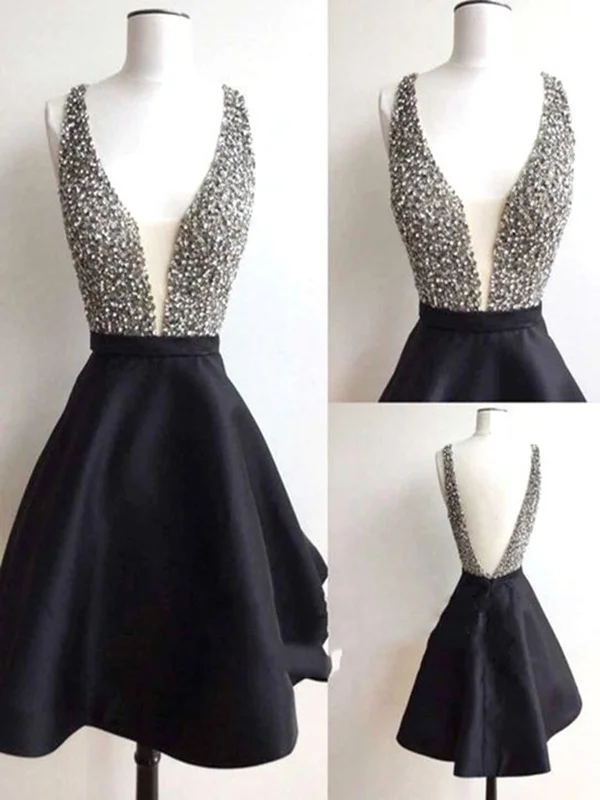 V Neck Short Black Prom Dresses with Beaded Bodice, Short Black Homecoming Dresses, Graduation Dresses