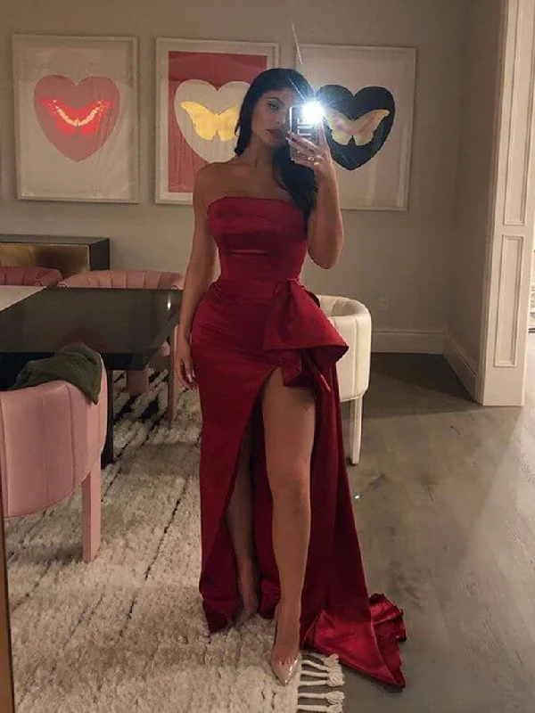 Charming Mermaid Burgundy Satin Long Prom Dresses with High Slit, Burgundy Mermaid Evening Dresses, Formal Dresses