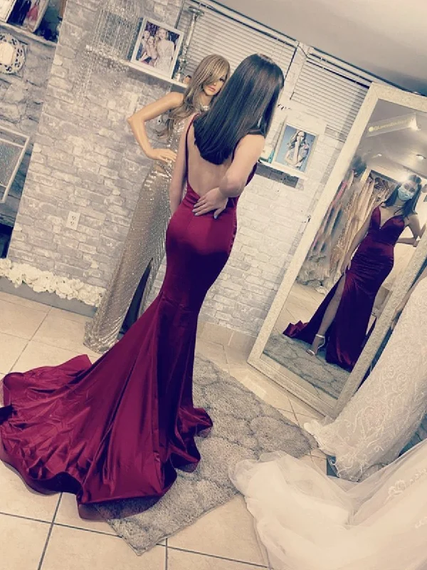 Mermaid V Neck Backless Burgundy Long Prom Dresses, Mermaid Burgundy Formal Dress, Burgundy Evening Dress