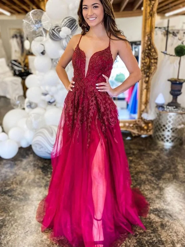 Deep V Neck Backless Burgundy Lace Long Prom Dresses, Long Burgundy Lace Formal Evening Dresses