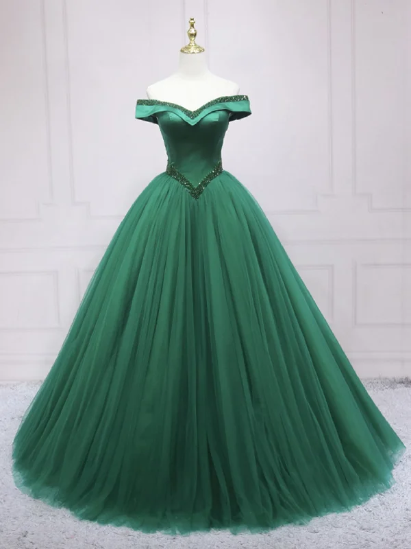 Gorgeous Off Shoulder Beaded Green Long Prom Dresses, Green Formal Evening Dresses, Ball Gown SP2517