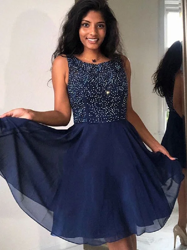 Cute A Line Round Neck Beaded Navy Blue Short Prom Dresses Homecoming Dresses, Navy Blue Formal Dresses, Graduation Dresses