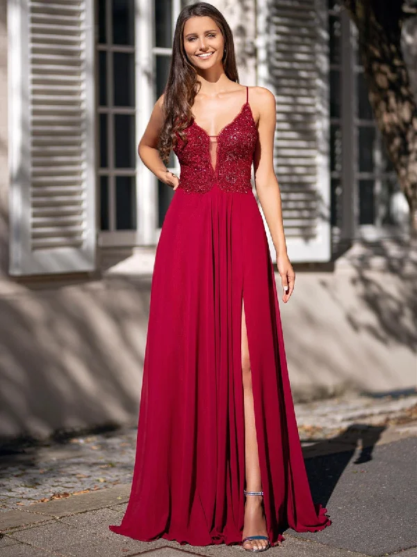 Deep V Neck Burgundy Lace Long Prom Dresses with Slit, Burgundy Lace Formal Graduation Evening Dresses