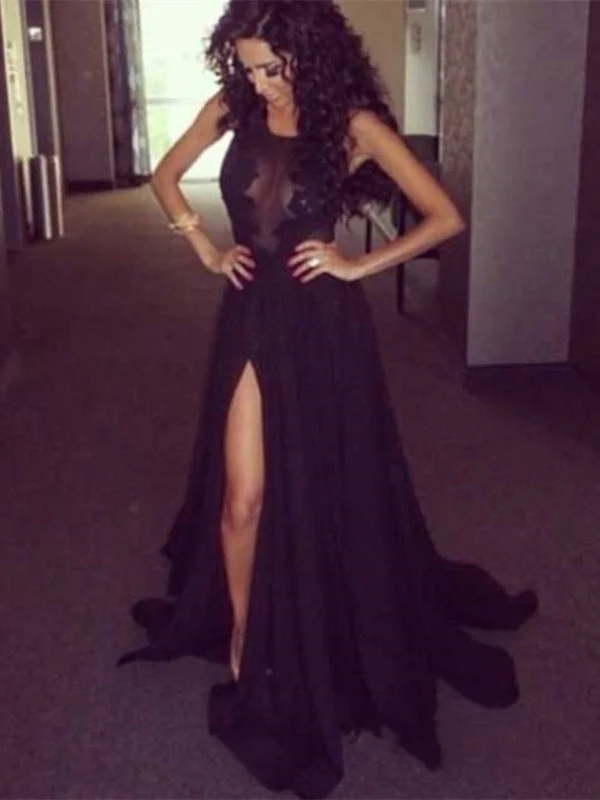 Custom Made Round Neck Black Lace Prom Dresses, Black Lace Formal Dresses