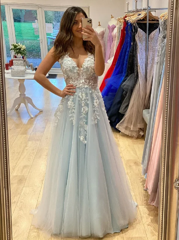 A Line V Neck Light Blue Lace Floral Long Prom Dresses, 3D Flowers Light Blue Lace Formal Evening Dresses