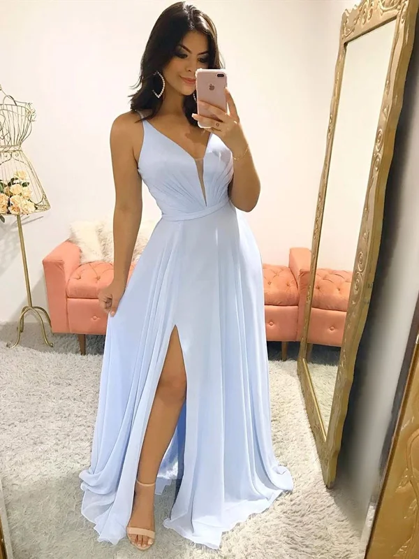 V Neck Sky Blue Long Prom Dresses, Sky Blue Long Formal Bridesmaid Dresses