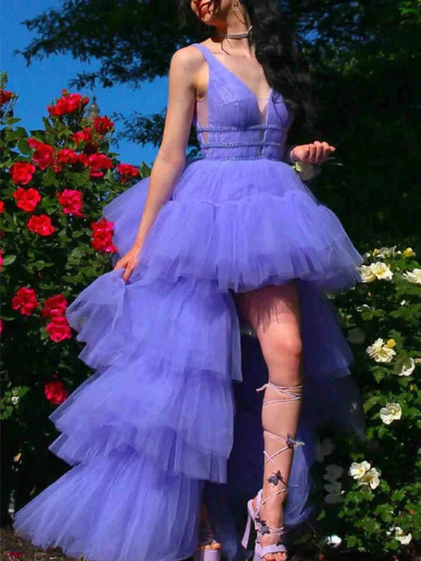 High Low V Neck Lilac Tulle Layered Long Prom Dresses, High Low Purple Formal Evening Dresses SP2337