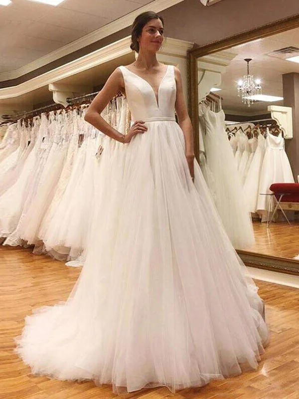 Simple V Neck Open Back White Tulle Long Prom Dresses, V Neck White Wedding Dresses, White Formal Evening Dresses SP2255