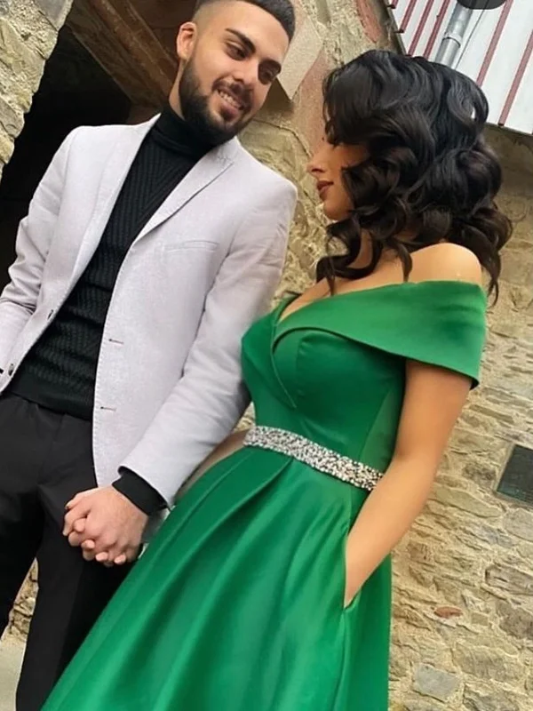 Off the Shoulder Green Satin Long Prom Dresses with Belt, Off Shoulder Green Formal Graduation Evening Dresses SP2130