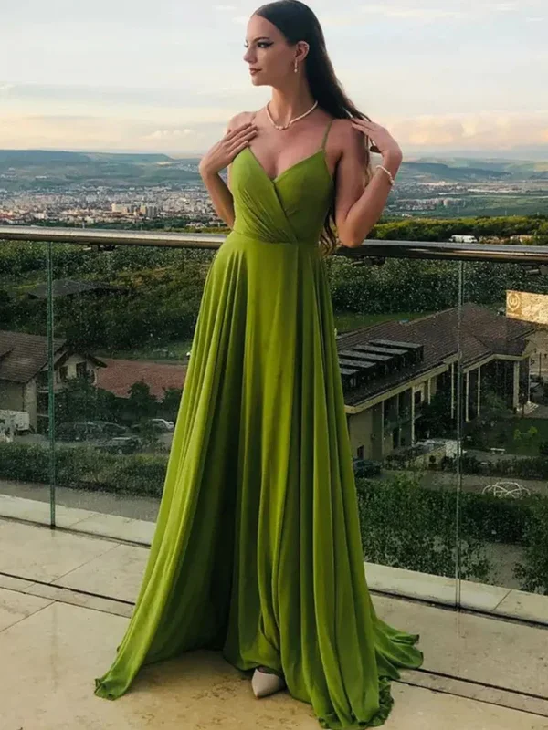 A Line V Neck Green Chiffon Long Prom Dresses with Leg Slit, V Neck Green Formal Graduation Evening Dresses SP2423