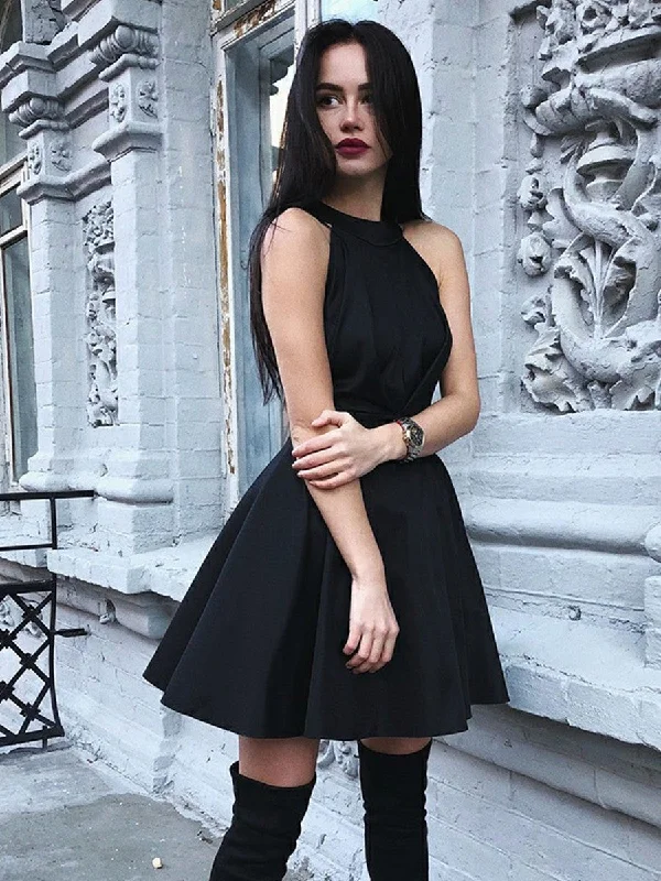 Black A Line Round Neck Pleated Satin Homecoming Dresses Short Prom Dresses, Black Formal Graduation Evening Dresses