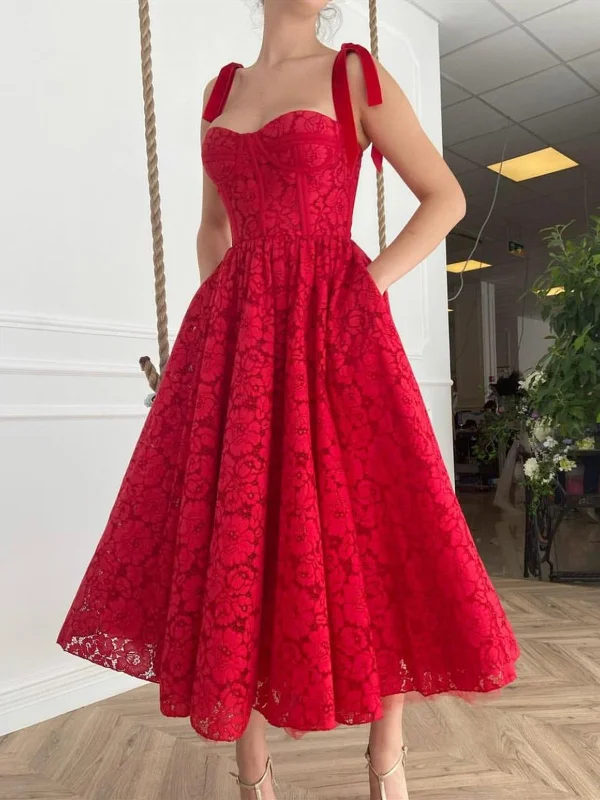 A Line Red Lace Tea Length Prom Dresses with Pocket, Red Lace Formal Evening Dresses