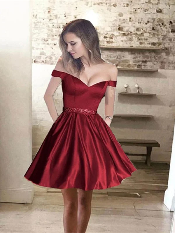 Cute Off Shoulder Burgundy/Navy Blue Short Prom Dresses, Short Graduation Dresses, Burgundy/Navy Blue Homecoming Dresses