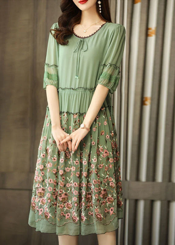 Green Chiffon Long Dress Ruffled Embroideried Summer