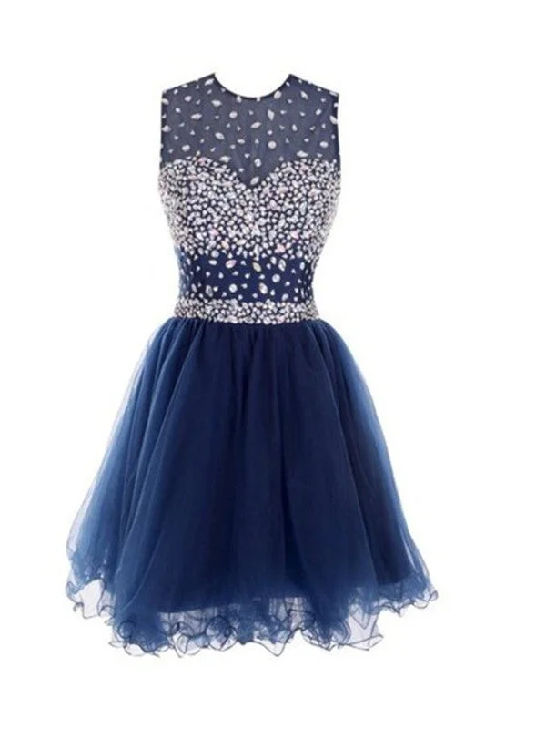 Custom Made A Line Round Neck Short Dark Blue Prom Dresses, Homecoming Dresses