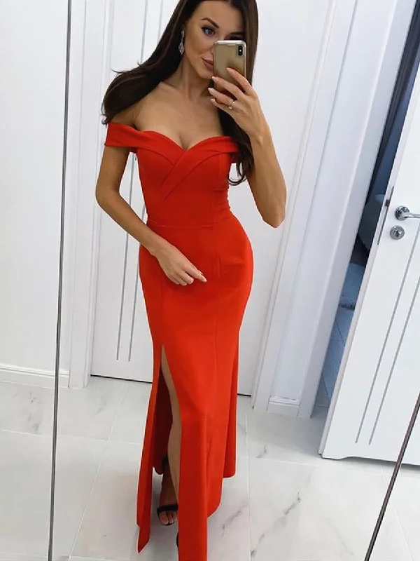 Custom Made Off Shoulder Mermaid Red Black Prom Dresses with Split, Off Shoulder Mermaid Black Red Formal Dresses, Mermaid Black Red Evening Dresses