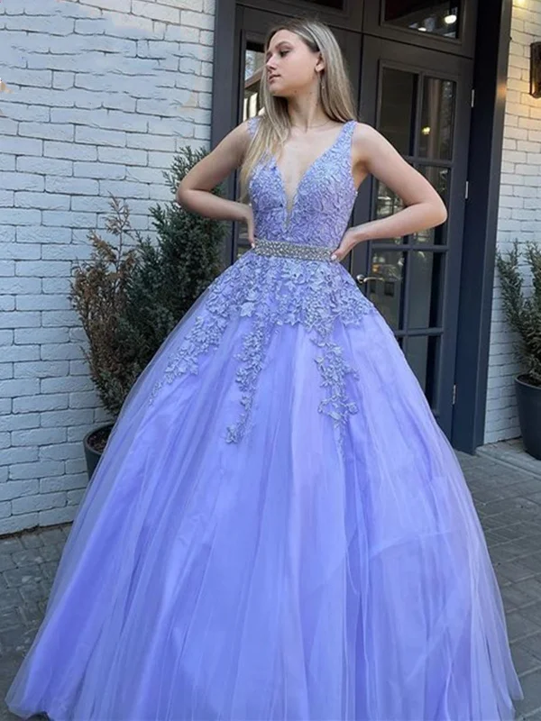 V Neck and V Back Purple Lace Long Prom Dresses with Belt, Open Back Purple Lace Formal Evening Dresses