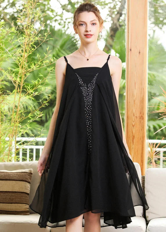 Elegant Black Oversized Diamond Chiffon Spaghetti Strap Dress Summer