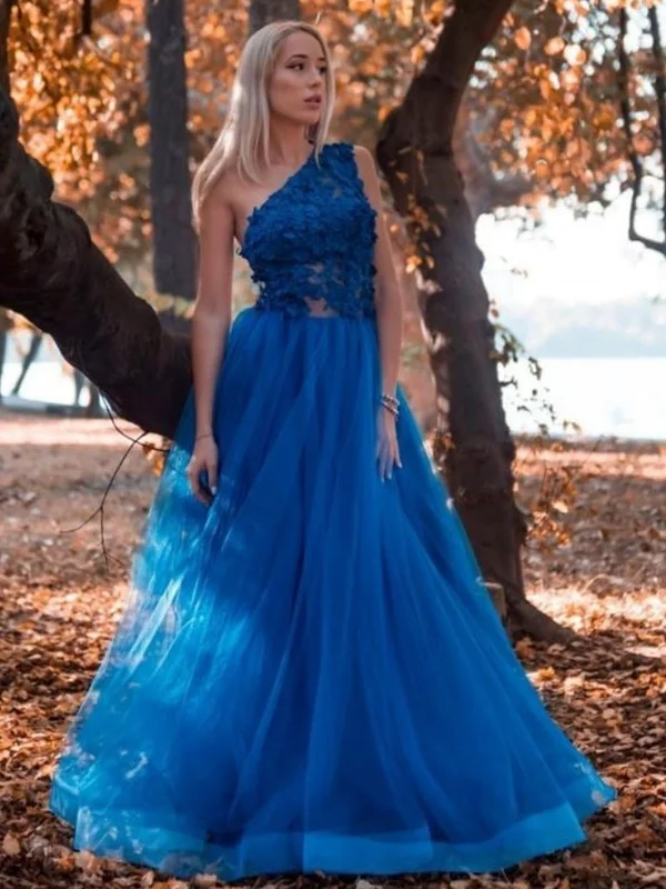 One Shoulder Blue Lace Long Prom Dresses, One Shoulder Blue Formal Dresses, Blue Lace Evening Dresses SP2113