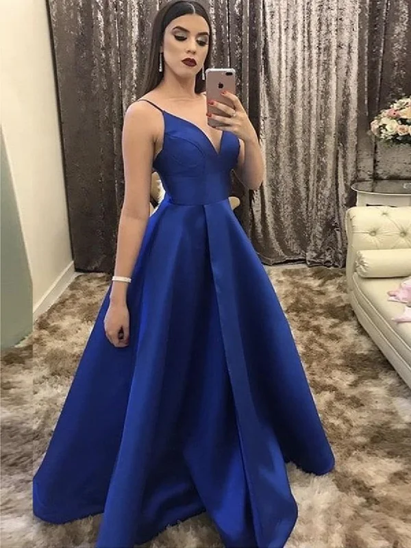 V Neck Spaghetti Straps Royal Blue Long Prom Dresses, V Neck Royal Blue Formal Dresses, Royal Blue Evening Dresses