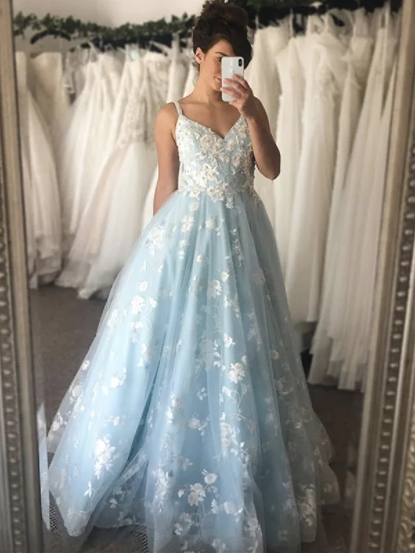 V Neck Appliques Light Blue Lace Long Prom Dresses, Light Blue Lace Formal Dresses, Blue Evening Dresses