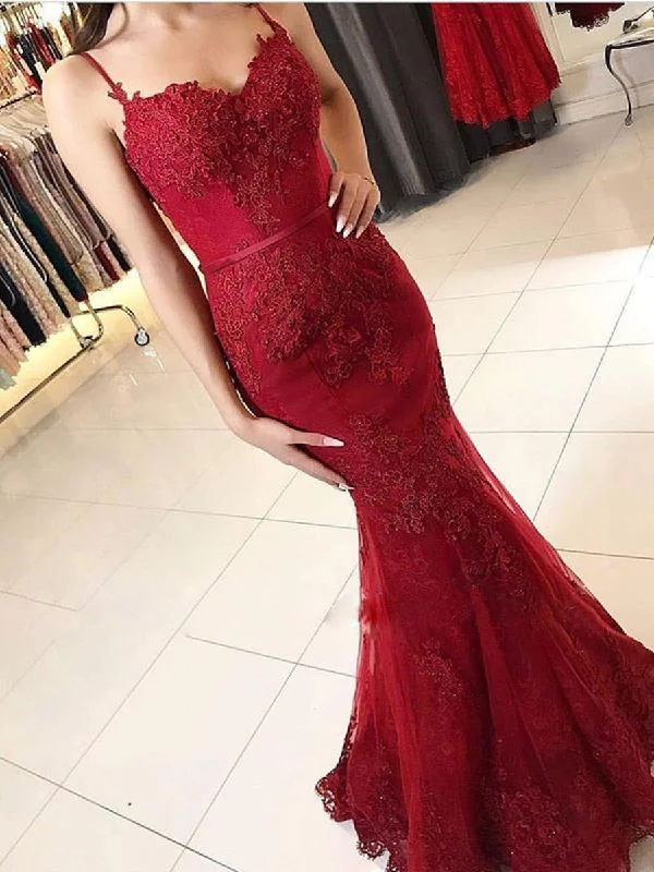 Mermaid Spaghetti Straps Backless Lace Burgundy Prom Dresses, Burgundy Mermaid Formal Dresses, Evening Dresses