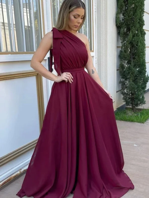 One Shoulder Maroon Chiffon Long Prom Dresses, One Shoulder Burgundy Formal Dresses, Burgundy Evening Dresses SP2500