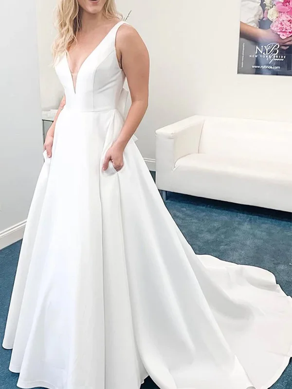 V Neck Open Back White Satin Long Prom Dresses with Train, V Neck White Formal Graduation Evening Dresses SP2285