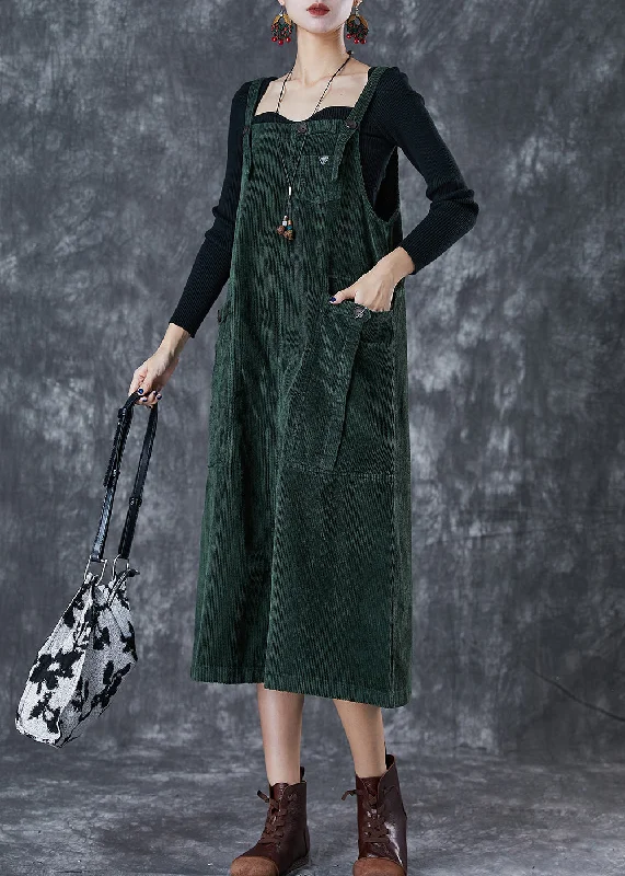 Bohemian Blackish Green Oversized Pockets Corduroy Strap Dress Fall