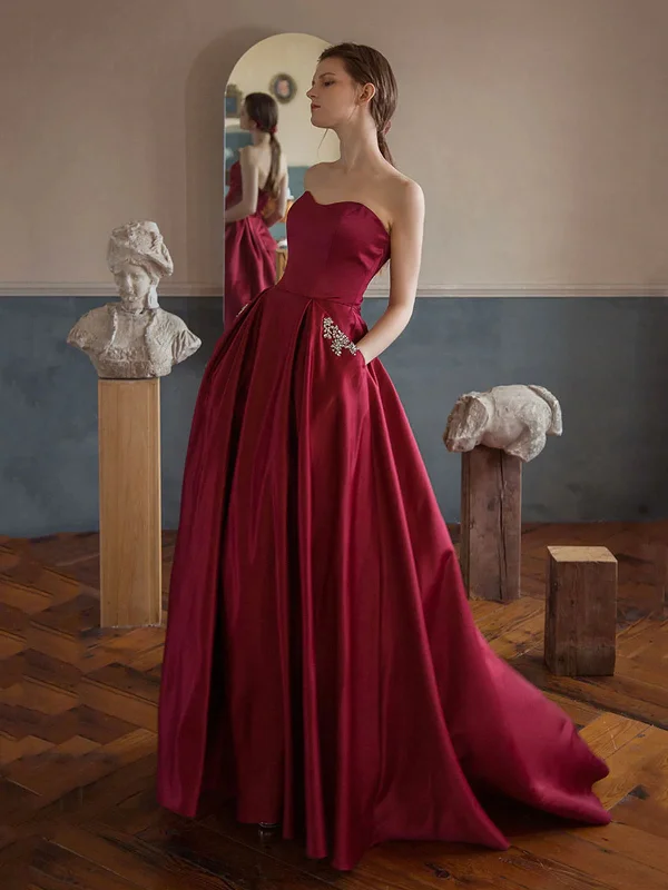 Sweetheart Neck Burgundy Satin Long Prom Dresses with Pocket, Long Burgundy Formal Graduation Evening Dresses SP2370