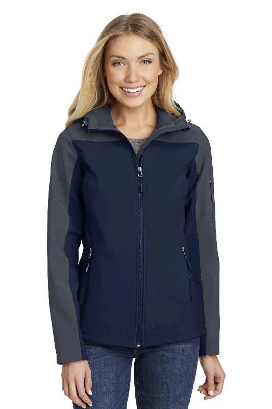 Port Authority Womens Core Wind & Water Resistant Full Zip Hooded Jacket - Dress Navy Blue/Battleship Grey