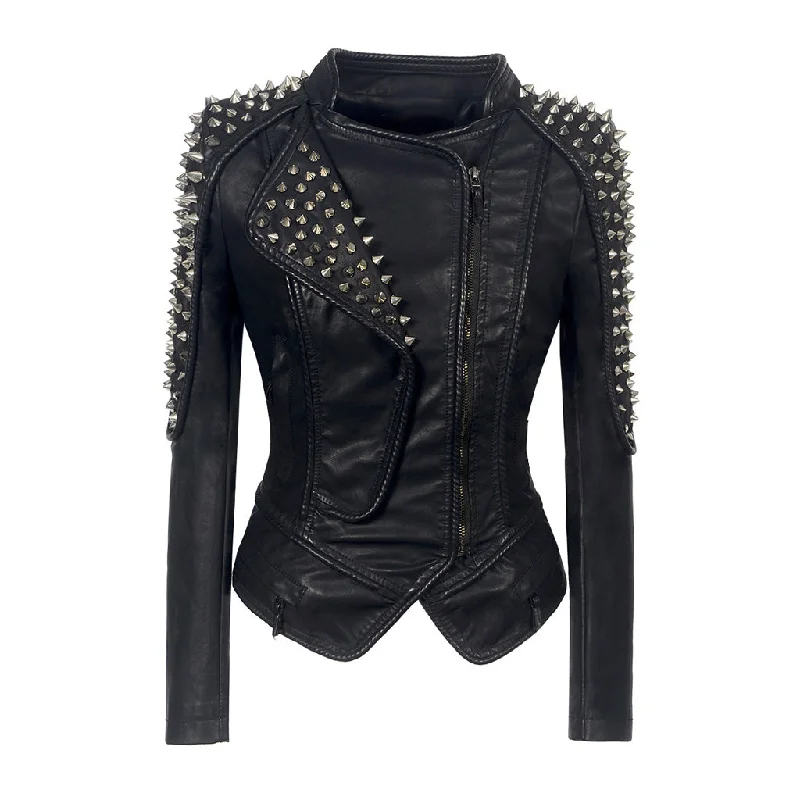 Sharp Metal Rivet High Neck Long Sleeve Zip Up Faux Leather Biker Jacket