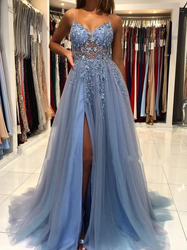 Gorgeous V Neck Open Back Smoky Gray Beaded Long Prom Dresses, High Slit Smoky Grey Long Formal Evening Dresses