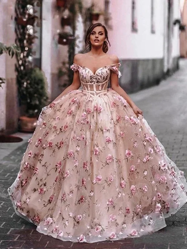 Off Shoulder Pink Floral Long Prom Dresses, Off the Shoulder Pink Formal Dresses, Pink Evening Dresses