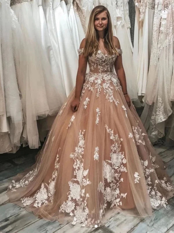 Off Shoulder Champagne Lace Long Prom Dresses, Champagne Lace Formal Dresses, Champagne Evening Dresses SP2135