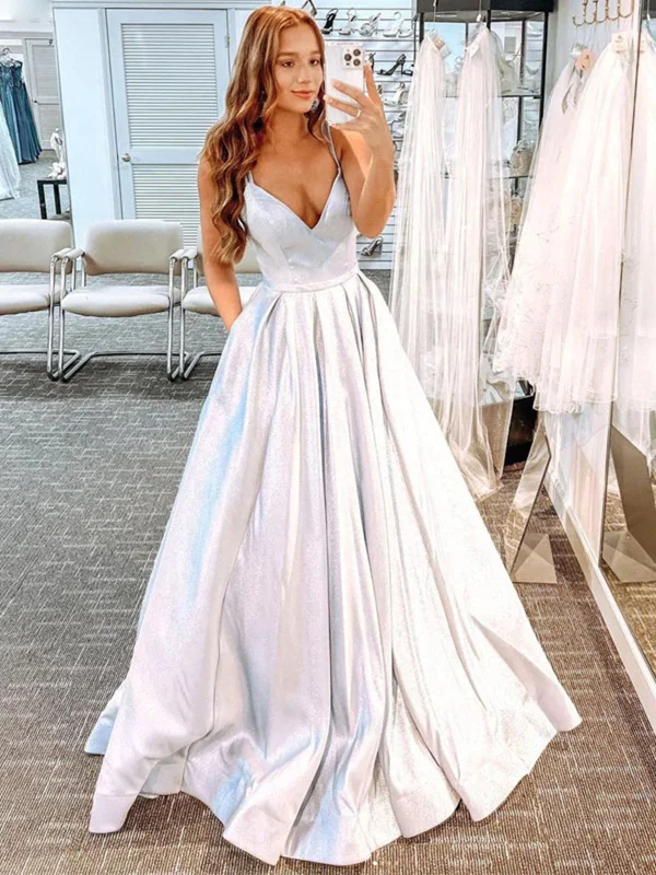 A Line V Neck Open Back Silver Long Prom Dresses, V Neck Silver Formal Graduation Evening Dresses SP2315