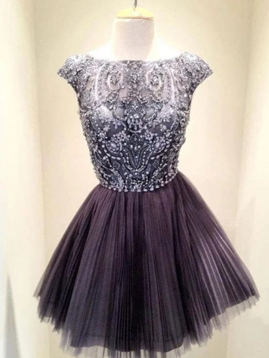 Short Grey Beaded Tull Prom Dresses, Short Grey Homecoming /Graduation Dresses