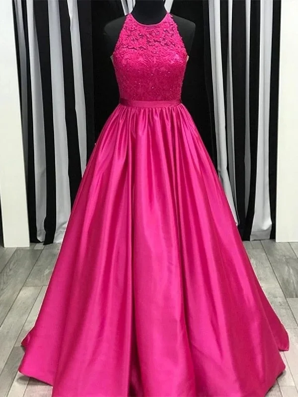 Round Neck Fuscia Lace Long Prom Dresses, Fuscia Lace Formal Dresses, Fuscia Evening Dresses