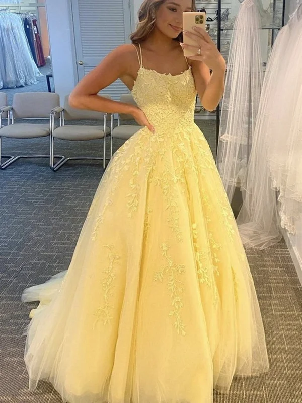 Open Back Yellow Lace Long Prom Dresses, Yellow Lace Formal Dresses, Yellow Evening Dresses