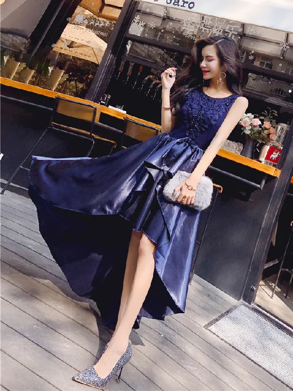 Round Neck High Low Satin Lace Navy Blue Prom Dresses, Red High Low Formal Dresses