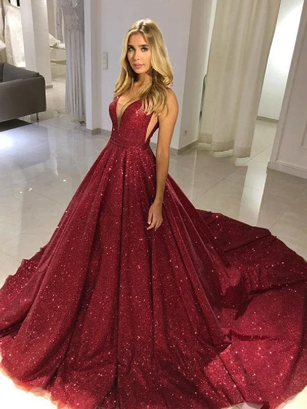 Shiny V Neck Burgundy Sequins Long Prom Dresses, Burgundy Formal Evening Dresses, Sparkly Ball Gown