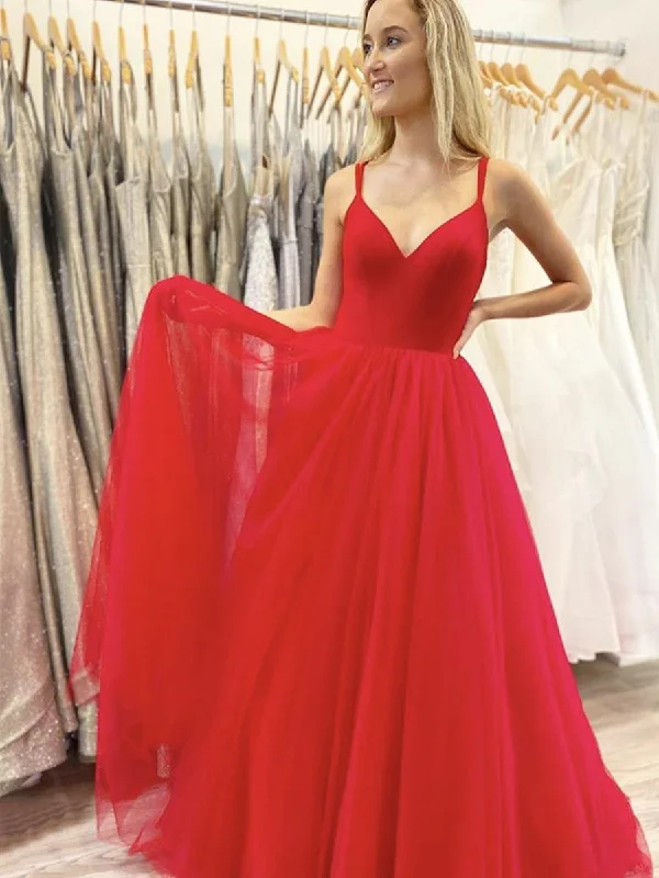 A Line V Neck Red Chiffon Long Prom Dresses, Red Long Formal Graduation Evening Dresses