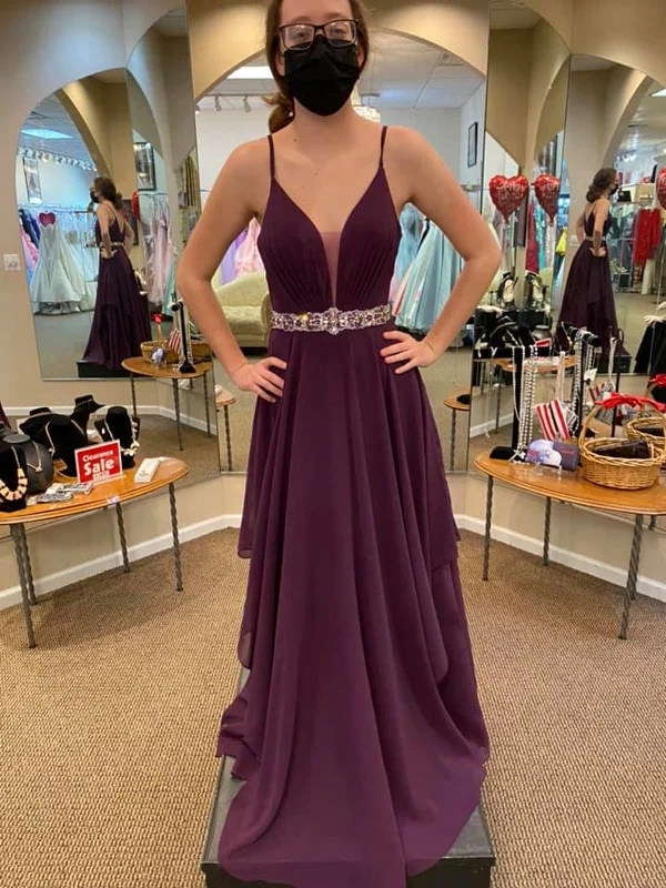 V Neck and V Back Purple Chiffon Long Prom Dresses with Belt, V Neck Purple Formal Graduation Evening Dresses SP2376