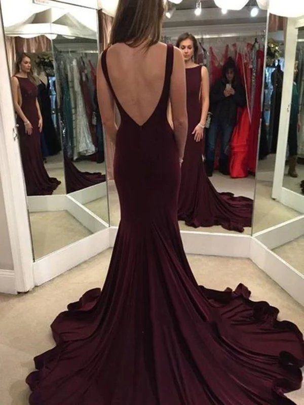 Round Neck Mermaid Backless Maroon Prom Dress, Mermaid Prom Gown, Maroon Formal Dress