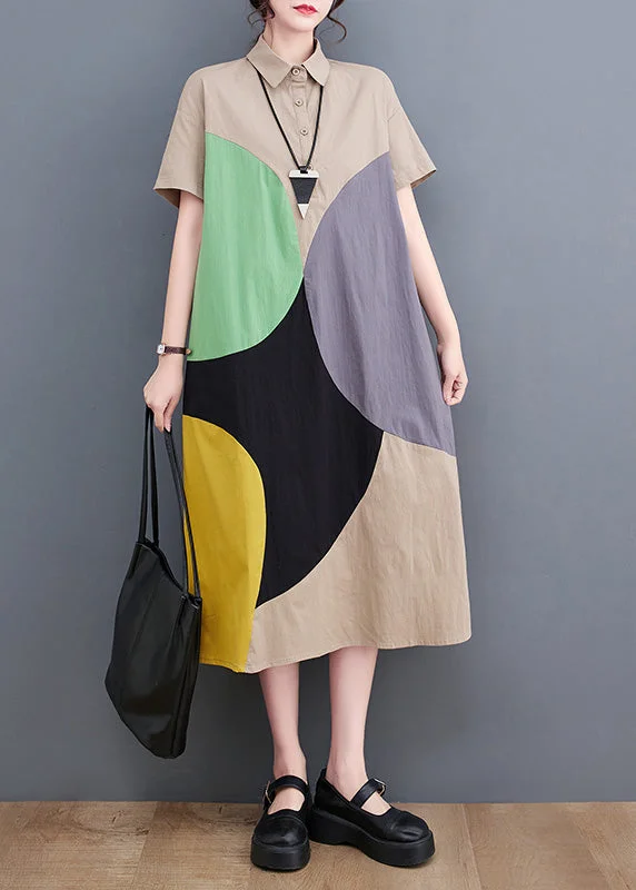 Vogue Khaki Peter Pan Collar Print Button Maxi Shirt Dresses Short Sleeve