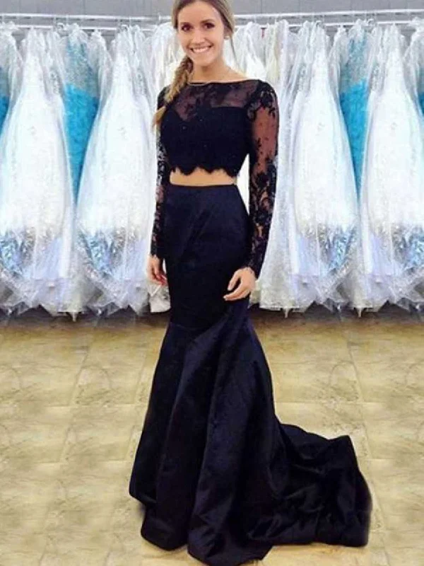 Long Sleeves Mermaid Scoop Neck Two Pieces Lace Black Prom Dresses, Long Sleeves Black Formal Dresses, Black Two Pieces Lace Evening Dresses