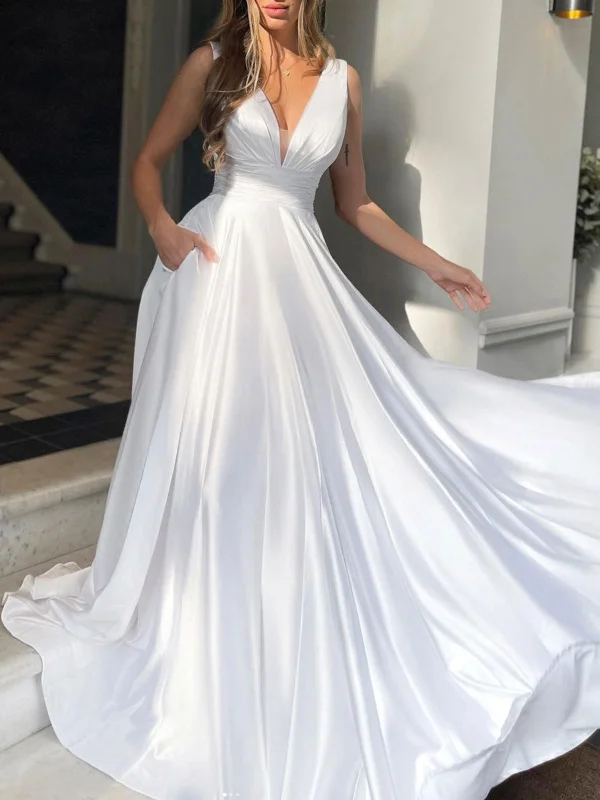 Simple V Neck White/Green Satin Long Prom Dresses, Long White/Green Formal Graduation Evening Dresses SP2229